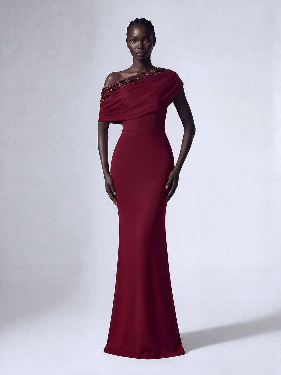 Elitara Elegant Sequin Patchwork Elastic Knit Asymmetric Ruffle Fishtail Maxi Dress, Women's Formal Evening Gown Wedding Party - Burgundy - View 1