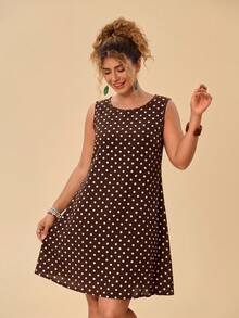 Travachic Women's Plus Size Casual 1950s Vintage Minimalist Versatile Polka Dot Pattern Round Neck Sleeveless Dress, Suitable For Summer Vacation - Brown - View 4