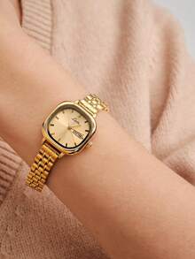 Vandermere 1pc Vintage-Style Gold-Tone Women's Wrist Watch, Square Waterproof Calendar Quartz Watch, Fashionable Artistic Design, Elegant & Personalized - Gold - View 3