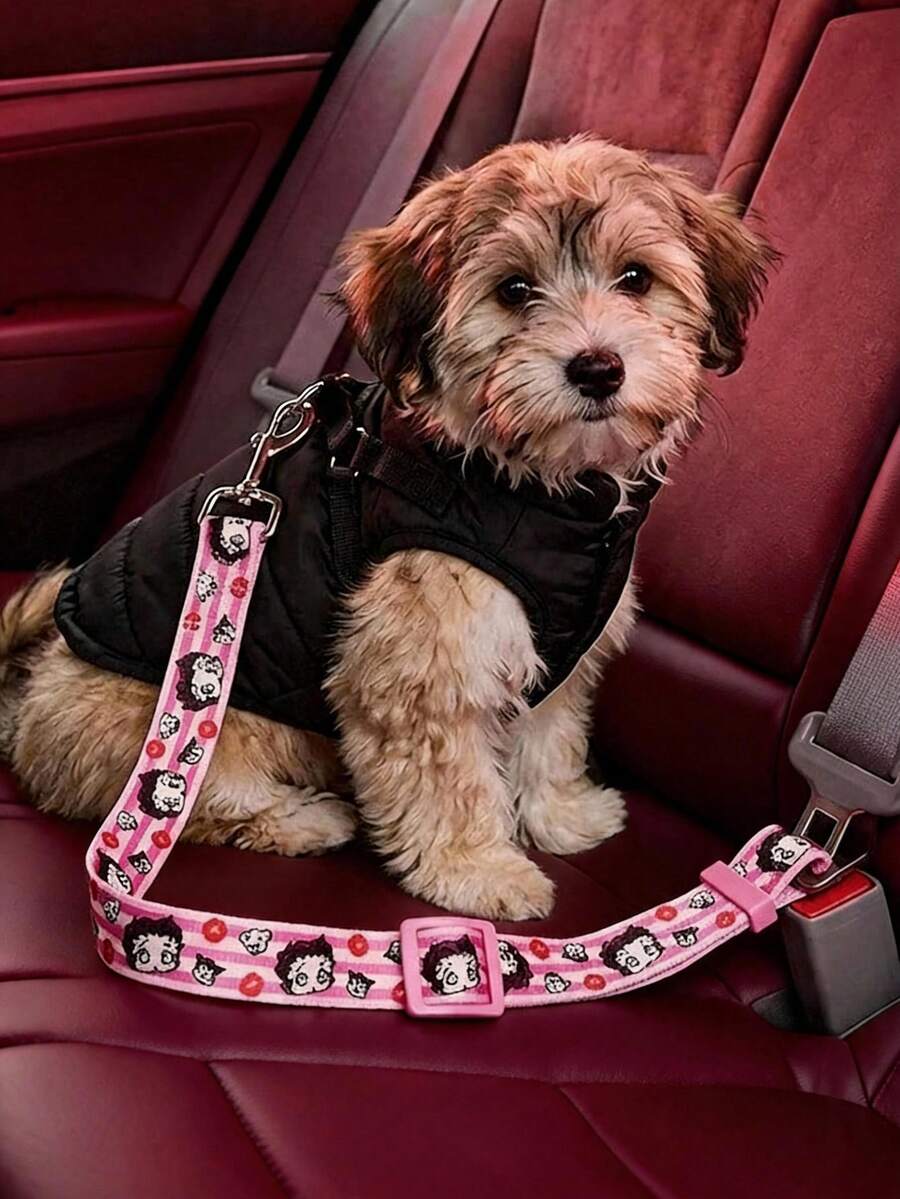 Betty Boop X PETSIN 1pc Pet Car Safety Belt With Fashionable Pattern, Polyester Material, Tangle-Free Construction, Durable Strap Build, Road Trips And Daily Commute, For Pet Dogs And Cats, Reliable - Pink - View 1