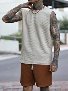 Devon Thys 男士针织提花纹理纯色罗纹背心套装 - 卡其色 - 查看 4
