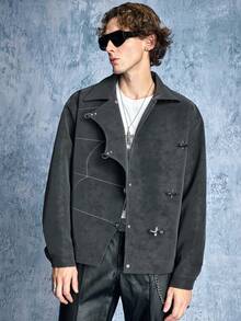 ROMWE MEN Street Life Men's Turn-Down Collar Snap Button Long Sleeve Jacket - Grey - View 7