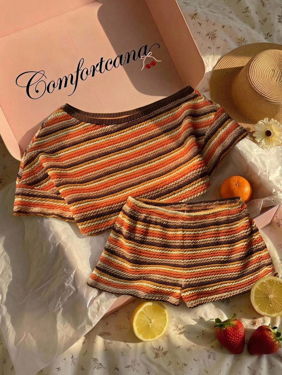 Comfortcana 女款夏季休閒條紋不對稱領短版上衣與短褲兩件套 - 棕色 - 查看 1