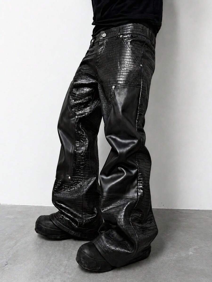PAVTROS Men's Fashion PU Material Button Pocket Long Pants Music Festival Bar - Black - View 1