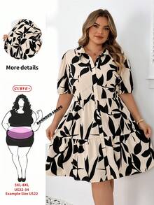 SHEIN CURVE+ 大尺碼US22音樂節海邊度假波希米亞風女款花卉豹紋短澎澎袖單排扣時尚襯衫洋裝 - 彩色 - 查看 1