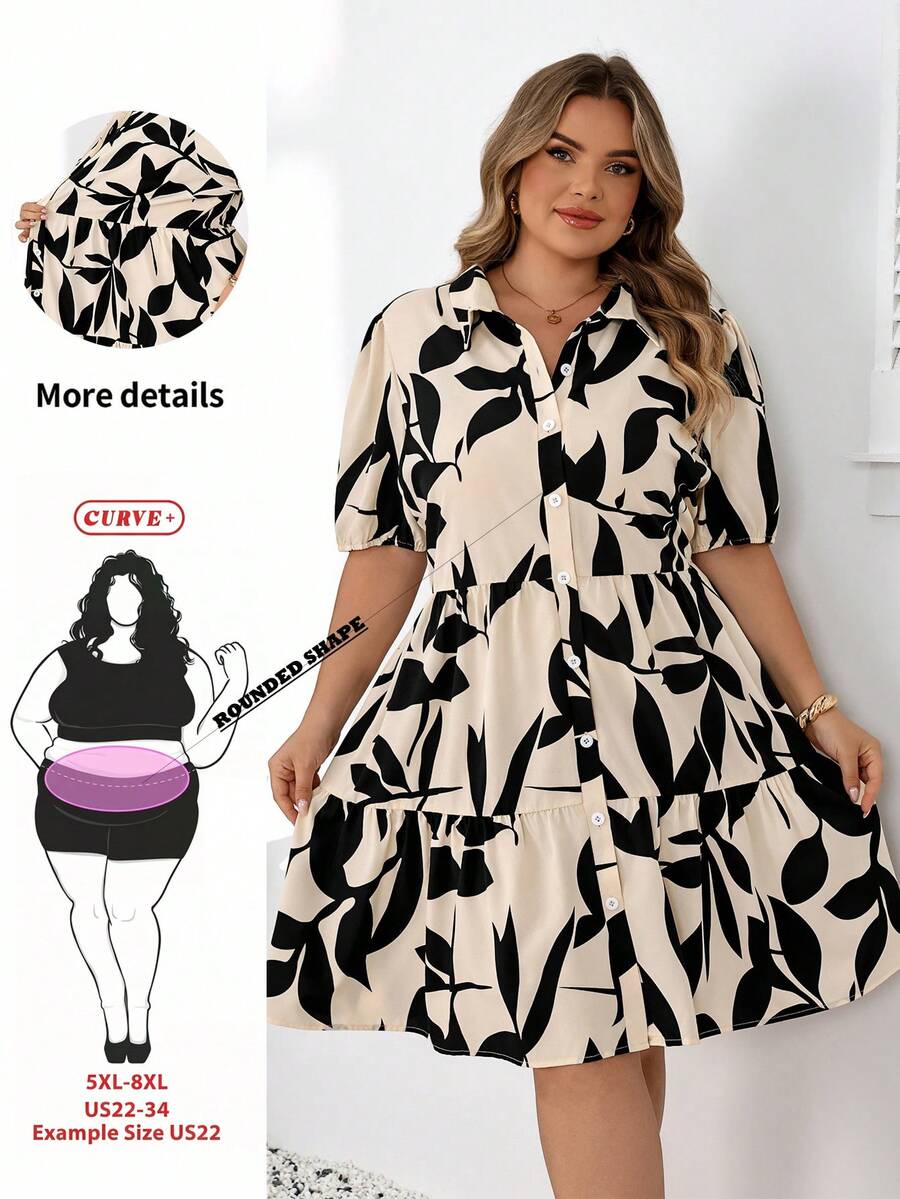 SHEIN CURVE+ 大尺碼US22音樂節海邊度假波希米亞風女款花卉豹紋短澎澎袖單排扣時尚襯衫洋裝 - 彩色 - 查看 1