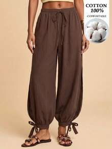 Travachic Women's Solid Color Split Hem Tie Lantern Pants Loose Casual Boho Long Pants Beach Dark Brown Autumn - Brown - View 1