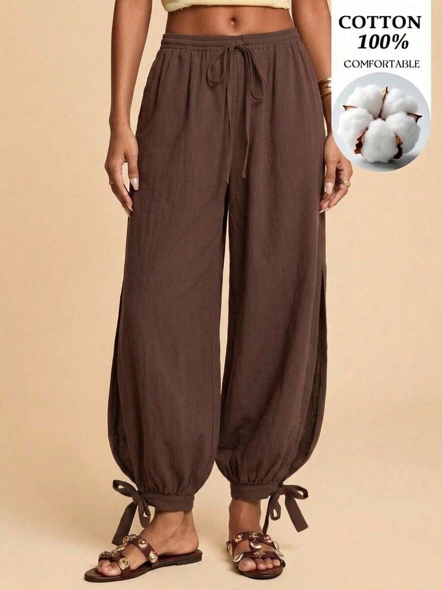 Travachic Women's Solid Color Split Hem Tie Lantern Pants Loose Casual Boho Long Pants Beach Dark Brown Autumn - Brown - View 1