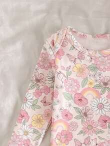 新生女嬰可愛卡通與花卉印花長袖修身居家服套裝 - 彩色 - 查看 3