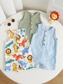 SHEIN 中性新生兒嬰兒男/女童幼兒男童 3件組 春/夏休閒可愛動物印花與純色無袖連身褲短褲套裝，嬰兒夏季衣著 - 黃色 - 查看 1