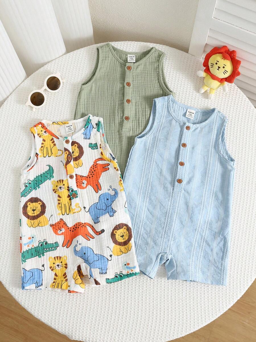 SHEIN 中性新生兒嬰兒男/女童幼兒男童 3件組 春/夏休閒可愛動物印花與純色無袖連身褲短褲套裝,嬰兒夏季衣著 - 黃色 - 查看 1