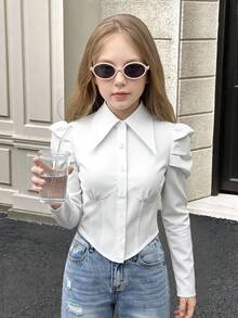 SHEIN Serisse Kids 青少年女孩秋冬休闲时尚百搭优雅大领褶饰腰部不对称下摆合身羊腿袖衬衫、白衬衫、周末休闲外出、返校 - 白色 - 查看 2