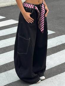 SHEIN 女童彩色條紋雙腰帶黑色牛仔寬鬆寬腿褲 - 黑色 - 查看 4