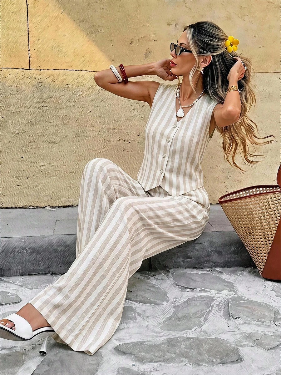 SHEIN Frenchy 2套女款兩件式休閒極簡度假波希米亞優雅浪漫復古卡其色條紋印花圖案，女式正式西裝，女式通勤套裝，音樂節，沙灘穿搭，度假穿搭，女式夏季穿搭 - 彩色 - 查看 1