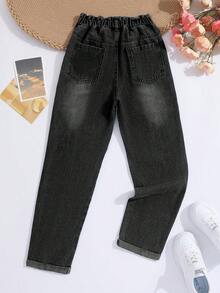 SHEIN 女童大童牛仔長褲，夏季，柔軟，棉質，休閒，時尚，百搭，舒適，極簡，彈性腰帶，鬱金香腰部設計，寬鬆錐形褲腿，黑色水洗牛仔長褲，適合日常穿著與度假 - 黑色 - 查看 2