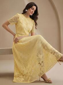 Anewsta Elegant Solid Color Hollow Lace Placement Flower Short Sleeve High-Low Hem Sophisticated Quality Flattering Women Long Dress - Yellow - View 4