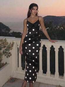 Lumalex Nuevo vestido sin mangas con volantes y estampado de lunares - Blanco y Negro - Ver 5