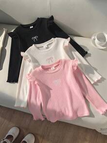 Genkimix Kids 3pcs/Set Girls Autumn/Winter Ruffle Flutter Sleeve Knitted Base Layer, Versatile Round Neck Embroidered Bow Long Sleeve T-Shirt - Multicolor - View 3