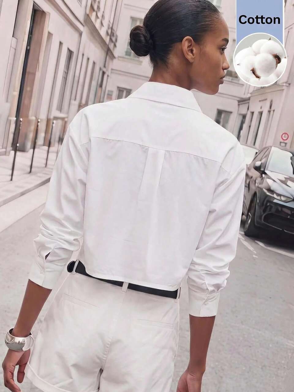SHEIN Maija Women's All White Summer Elegant Office Rhinestone Decor Stylish Urban Fashion Turndown Collar Front Open Long Sleeve Short Shirt,Easter