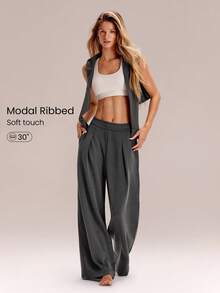 GLOWMODE Pantalones de chándal de pierna ancha de cintura alta de 28" de modal acanalado Glow Easy con cordón ajustable & bolsillos laterales para entrenamiento, ejercicio, uso diario y casual activo - Gris - Ver 1