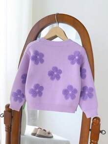 SHEIN Vintaside Kids 女童大童紫色與淺紫色圓領3D提花軟針織套頭上衣，可愛甜美簡約長袖，適合秋冬居家、外出、派對、拍照與戶外玩耍 - 紫色 - 查看 2