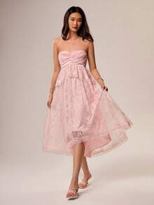 Willow Rêve Women's Light Pink Lace Bandeau Ruffle Hem High-Low Maxi Dress, Romantic Elegant Wedding Style, Bohemian, Birthday Party Date Holiday Summer - Pink - View 6