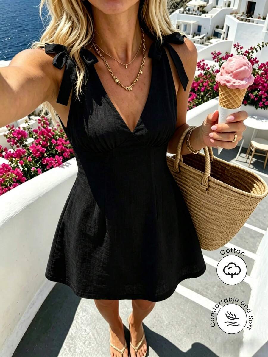 Modelyn Robe mini blanche minimaliste sexy style français, col en V, taille cintrée amincissante, coupe trapèze, bretelles avec nœud papillon, style doux, pour vacances à la plage - Noir - Voir 1