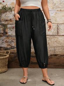 EMERY ROSE Plus Size Casual Tapered Leg Drawstring Waist Side Patch Pockets Cropped Pants - Black - View 6