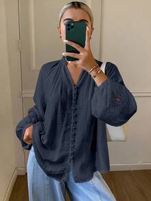 DAZY Women's Casual Loose Stand Collar Button Lantern Sleeve Contrast Lace Blouse, Suitable For Vacation In Autumn Long Sleeve Women - Navy Blue - View 4