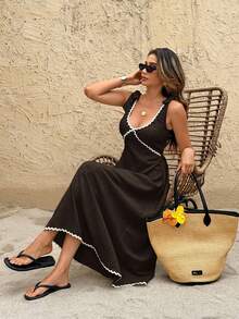SHEIN Frenchy Women's Casual Vacation Contrast Trim Mid-Length Dress - Coffee - View 1