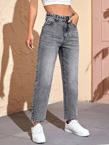 SHEIN PETITE Women's Casual Everyday Pockets Button Denim Jeans ,Petite Women - Grey - View 7