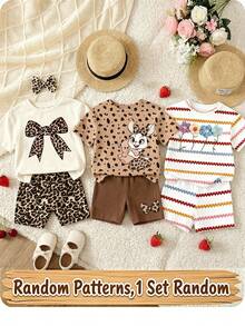 (Random 3 Sets, Send 1 Set) Girl's Creative Leopard Rabbit And Bear Pattern Leopard Bow Printed Basic Short T Plus Cycling Pants Set - Multicolor - View 3