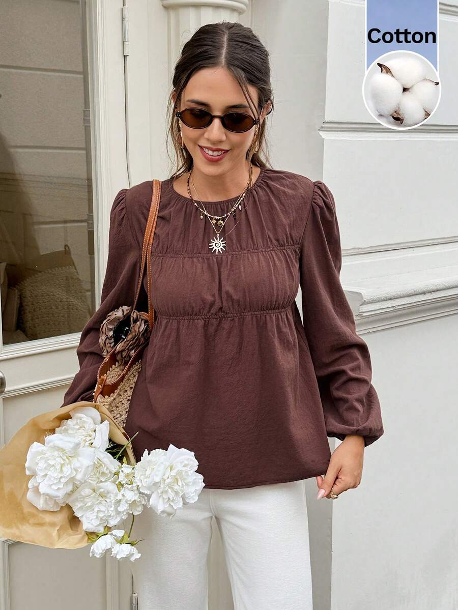 Serisse Women's Coffee Brown, Versatile, Pleated 100 Cotton Round Neck Long-Sleeved Shirt For Autumn, Birthday Holiday Tops Elegant French Casual Brunch - Rust Brown - View 1