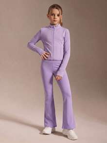 SHEIN Tween Girls Purple Autumn Atletic Pilates Yoga Sports Jacket & Flared Pants Set,Comfortable Elastic Stretch Fashion Cycling Tennis Gym Hiking Campus - Mauve Purple - View 5
