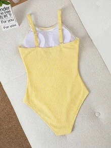 Swim Lushoire 1件女款夏季度假海灘簡約風條紋針織面料粗肩帶抓皺收腰顯瘦連身泳衣 - 黃色 - 查看 7