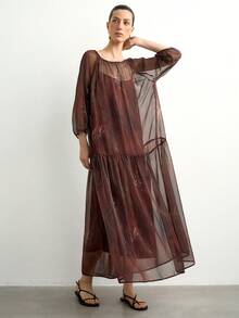 Aalyst Set Gaun Wanita Lengan Raglan Jala Bermotif Bunga dan Gaun Kamisol - Coffee Brown - View 5