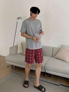 DAZY 男士純色休閒舒適圓領短袖T恤與格紋口袋短褲睡衣套裝 夏季 - 彩色 - 查看 5