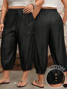 EMERY ROSE Plus Size Casual Tapered Leg Drawstring Waist Side Patch Pockets Cropped Pants - Black - View 1