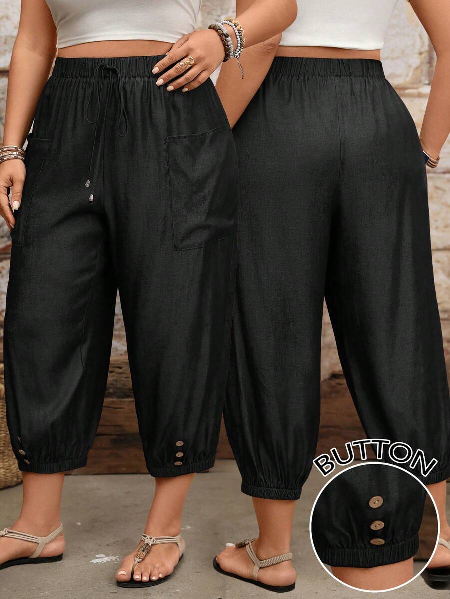 EMERY ROSE Plus Size Casual Tapered Leg Drawstring Waist Side Patch Pockets Cropped Pants - Black - View 1