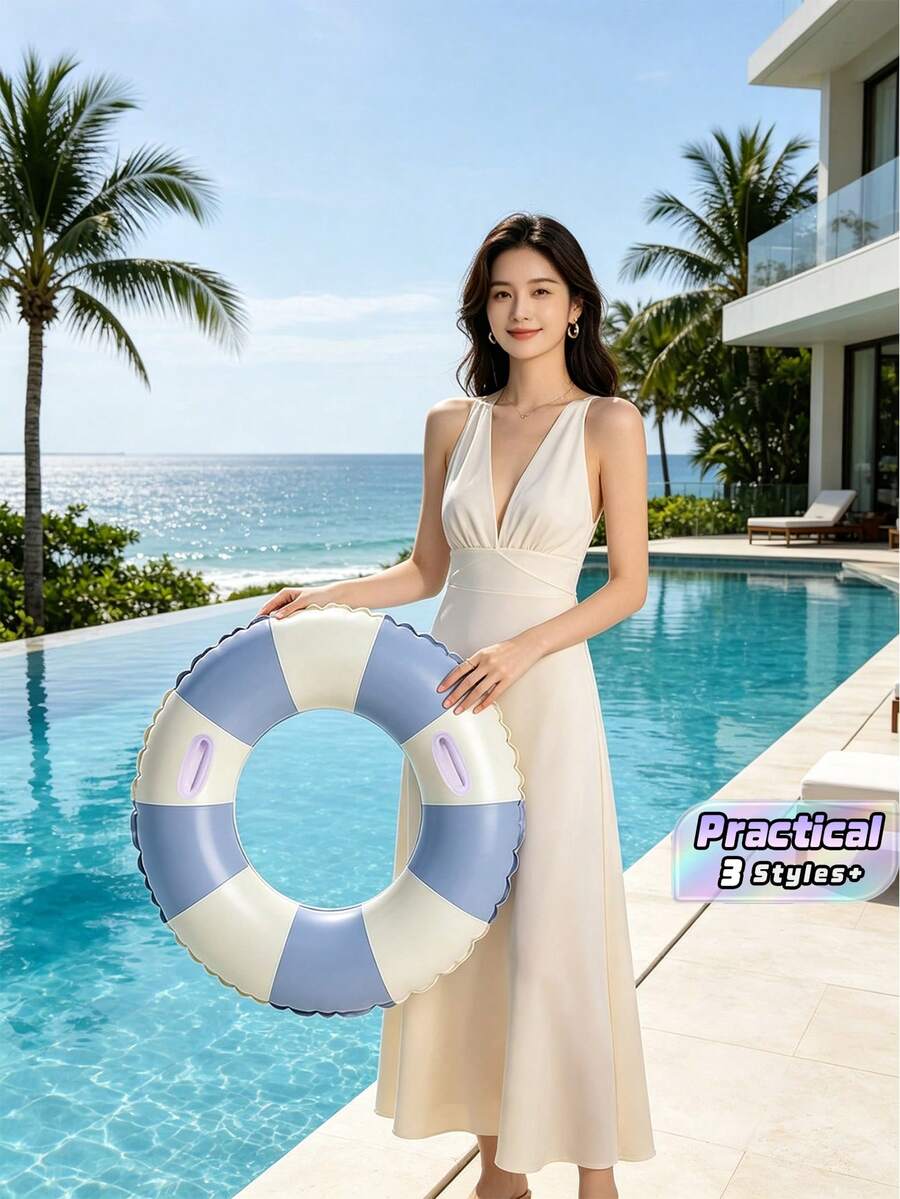One Adult Double Backrest Floating Bed Float Board Swimming Ring, Life Buoy (Handle Color Random), Newly Designed Pink Inflatable Swimming Ring With Handle, White And Pink Inflatable Rings In Summer. - Multicolor - View 1