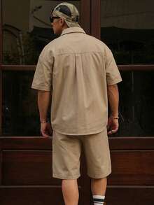 DAZY 男士純色工作服短袖 Polo 衫 2 件套 夏季 - 卡其色 - 查看 2