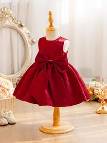 Glamorique Kids 女婴纯色蝴蝶结装饰无袖派对连衣裙 - 紅色 - 查看 6