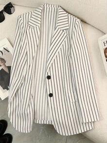 SHEIN CURVE+ 大尺碼女款條紋圖案翻領長袖休閒夾克，優雅通勤秋冬西裝外套 - 米色 - 查看 1