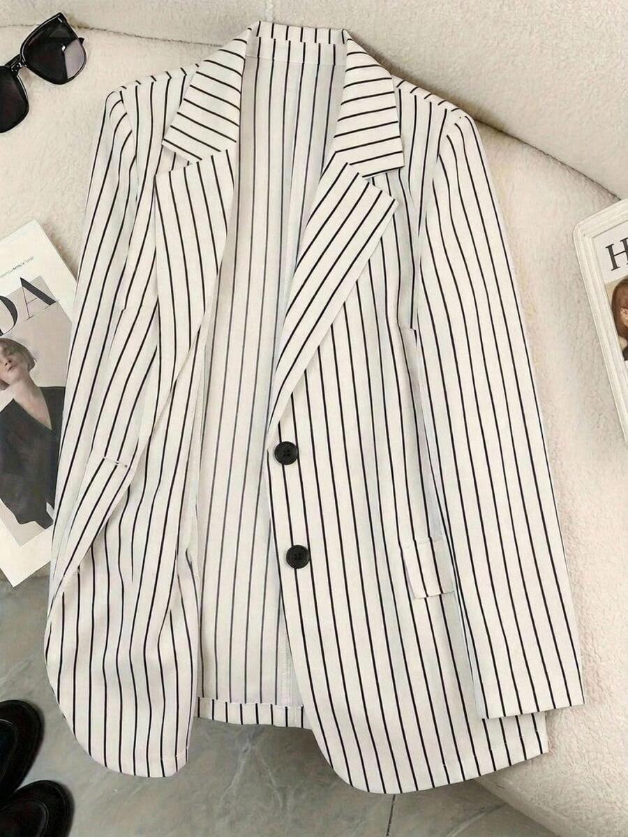 SHEIN CURVE+ 大尺碼女款條紋圖案翻領長袖休閒夾克,優雅通勤秋冬西裝外套 - 米色 - 查看 1