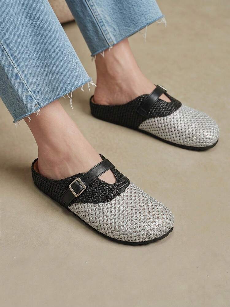 Solecia أحذية نسائية جديدة من خيوط شبكية منسوجة، تصميم زخرفي بحزام مقسم، مريحة وبسيطة للتنقل اليومي، كاجوال ومتعددة الاستخدامات - الغزل الأسود - مشاهدة 8