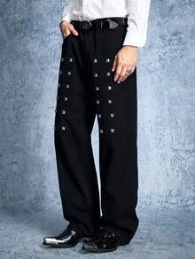 ROMWE MEN Street Life Jeans en denim avec décoration de rivets, mode homme - Noir - Voir 4