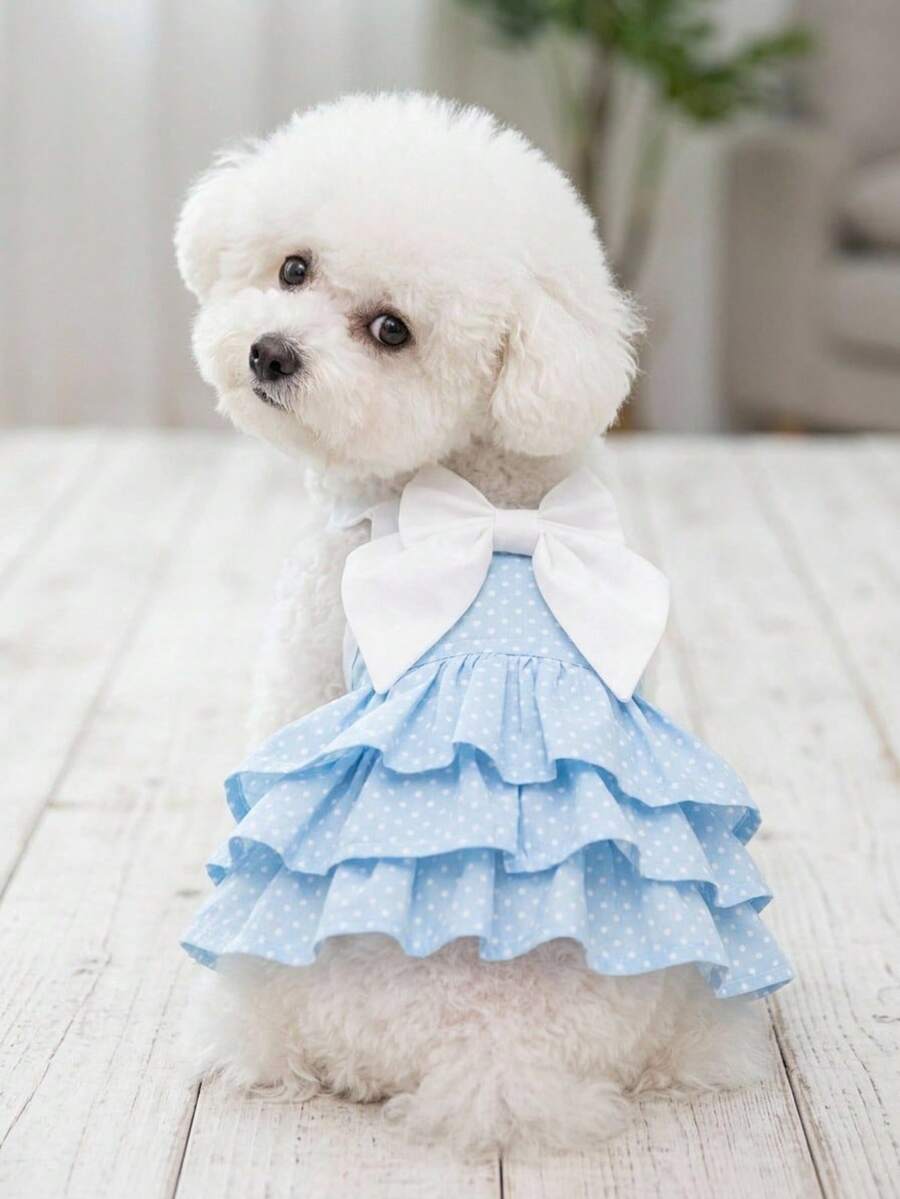 PETSIN 淺藍色波點寵物掛脖蛋糕裙，大白色蝴蝶結，適合小型犬泰迪、比熊、馬爾濟斯的夏季服飾 - 藍色 - 查看 1