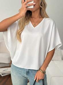 EMERY ROSE Solid Color V-Neck Batwing Sleeve Summer Casual Plus Size Shirt, 3/4 Sleeve Top, Plus Size Shirt - White - View 4