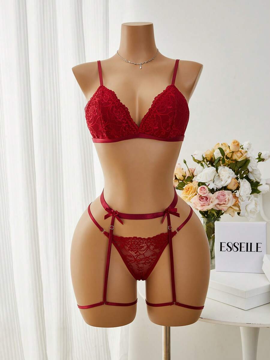 3pack Floral Lace Bow Front Thong Garter Lingerie Set Bow Tie - Burgundy - View 1