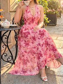 SHEIN MOD Plus Size Pink Floral Halter Midi Dress,Summer 1920s Flapper Tea Party Dress,Elegant Wedding Guest Cocktail Prom Birthday Formal Fairy Boho Sundress - Pink - View 3